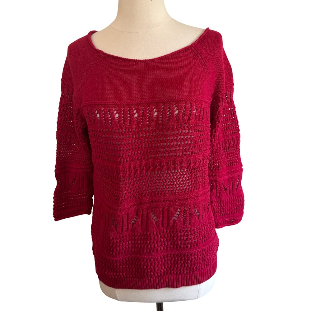 St Johns Bay Womens Red Open Knit Pointelle Sweater 3/4 Sleeve Ramie Cotton